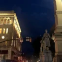 Lancaster PA downtown at night with Civil War monuments lit up on Penn Square