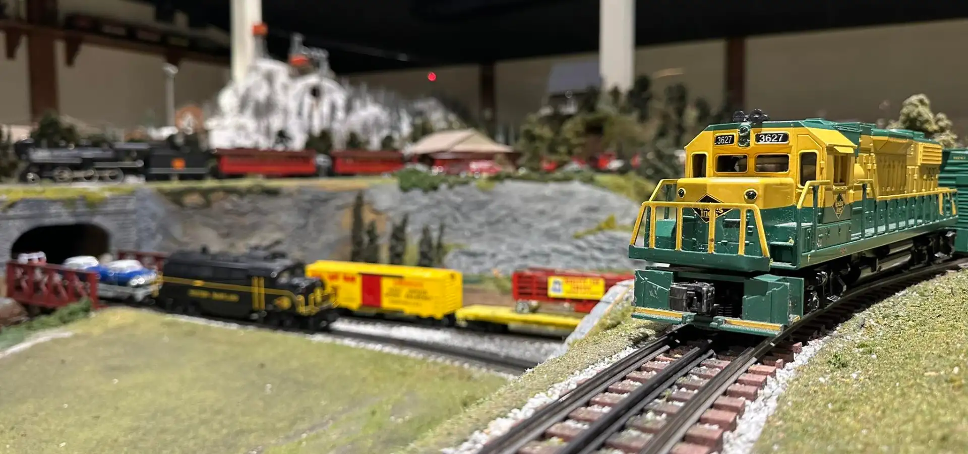 Model train layout with detailed scenery at Choo Choo Barn train display in Strasburg Lancaster County PA