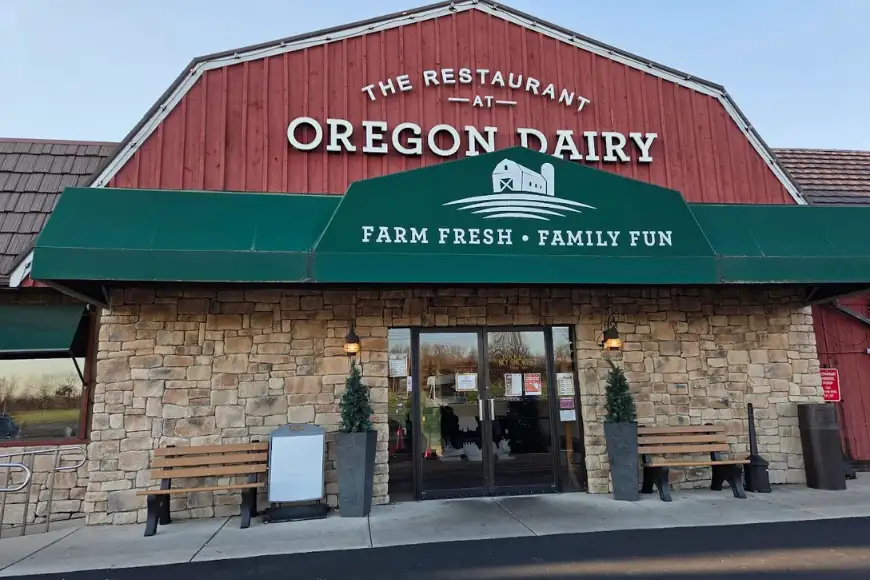 Stone and red barn exterior of The Restaurant at Oregon Dairy, farm fresh family dining in Lancaster PA