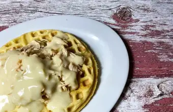 Oregon Dairy waffle with cream sauce and almonds - Pennsylvania Dutch breakfast Lancaster PA