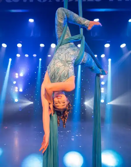 Aerial silk performer on stage at Magic and Wonder dinner theater show in Lancaster PA