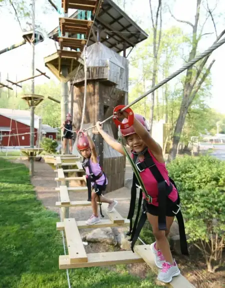 Kids on zipline and adventure course at Refreshing Mountain in Stevens Lancaster County PA