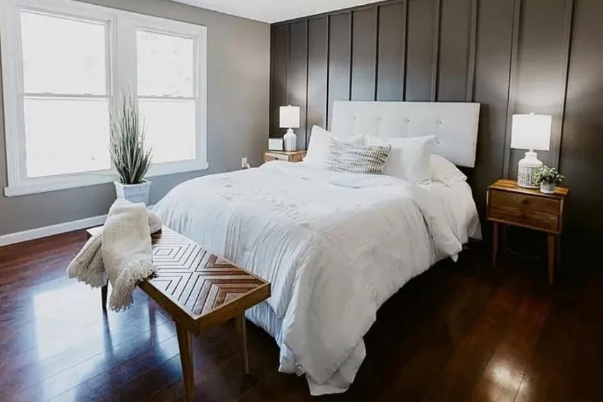 717 Home Buyers renovated bedroom with hardwood floors and modern decor in Lancaster PA house for cash sale