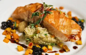 Grilled salmon with roasted vegetables and quinoa at Greenfield Restaurant in Lancaster PA