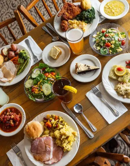 Pennsylvania Dutch smorgasbord spread with ham, fried chicken, and salads at Miller's Smorgasbord in Lancaster PA
