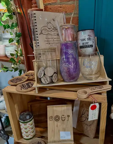 Handmade gifts glassware and wood engravings at Kindred Collection shop in Lancaster County PA