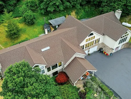 American Remodeling Enterprises aerial view of residential roof replacement on large home in Lancaster PA