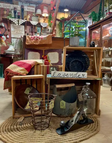 Rustic antiques and vintage collectibles displayed at Antiques Loft in Lancaster County PA