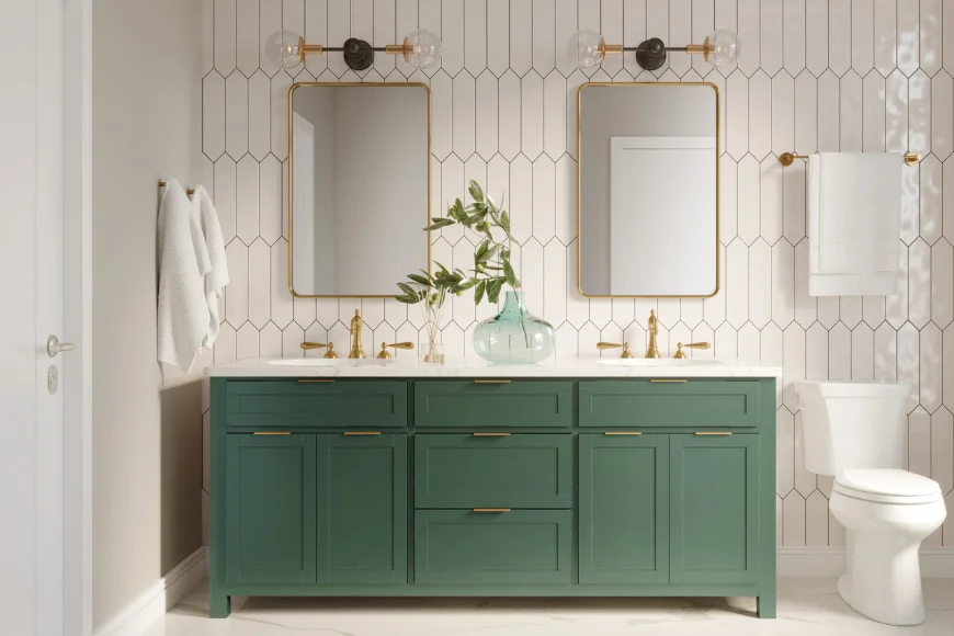 Bath Barn double vanity bathroom with green cabinet gold fixtures and geometric tile in Lancaster PA