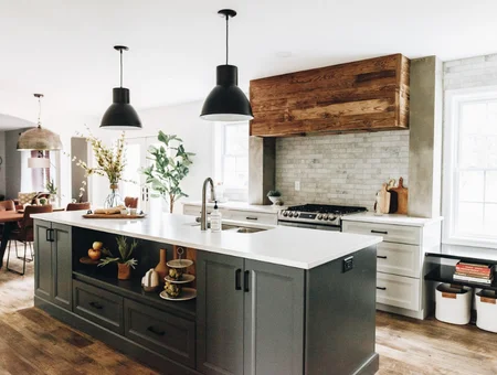 Brookside Brothers kitchen remodel with dark gray island reclaimed wood hood and black pendant lights in Lancaster PA