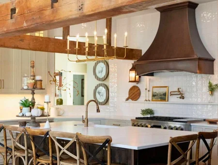 Choice Home Remodeling kitchen remodel with wood beam ceiling copper range hood and quartz island in Lancaster PA