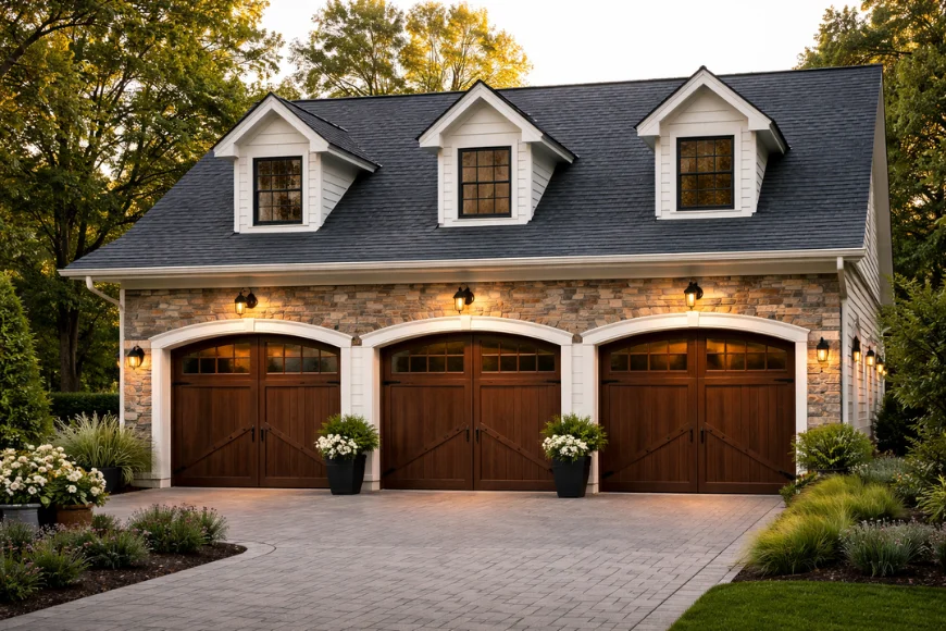 Conowingo Builders three-car garage with stone facade wood carriage doors and dormers in Lancaster PA