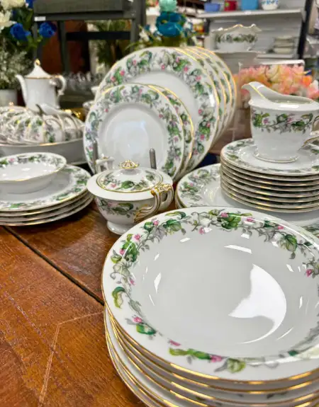 Vintage floral fine china dinnerware set at Mount Joy Gift and Thrift consignment shop Lancaster County PA