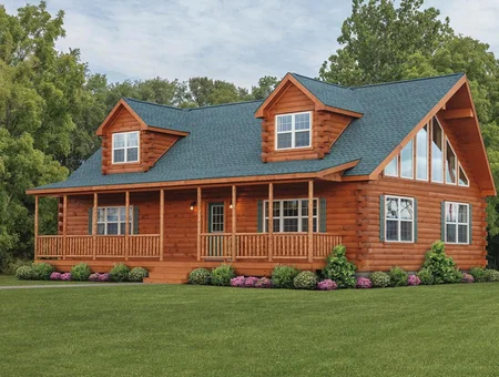 Cozy Cabins modular log cabin home with wrap-around porch and dormer windows available in Lancaster PA