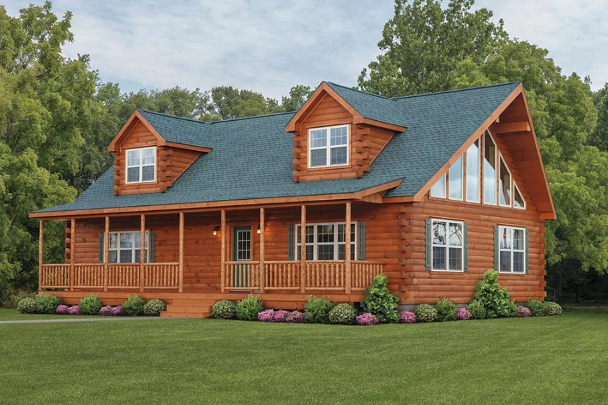 Cozy modular log cabin with wrap-around porch and blue roof available through Lancaster PA home builders