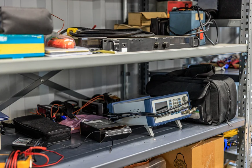 Electronic test equipment and precision components on shelves at Delserro Engineering Solutions in Lancaster PA