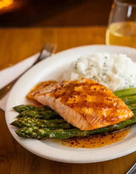 Grilled salmon with asparagus at Smokehouse BBQ restaurant near Dutch Wonderland in Lancaster PA