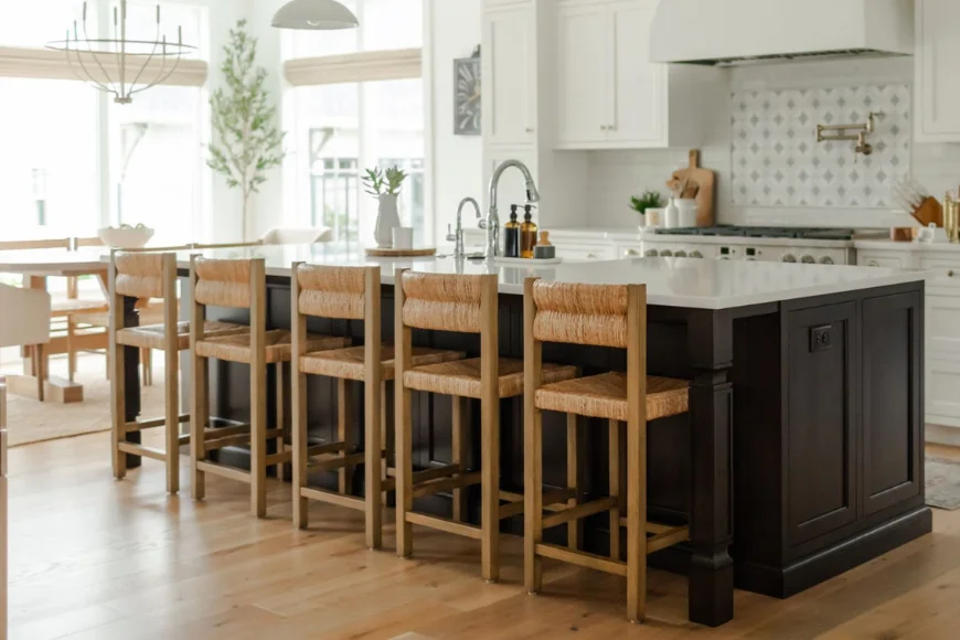 Custom home kitchen with dark island, white quartz countertops, and woven bar stools built by DK Builder LLC in Lancaster PA