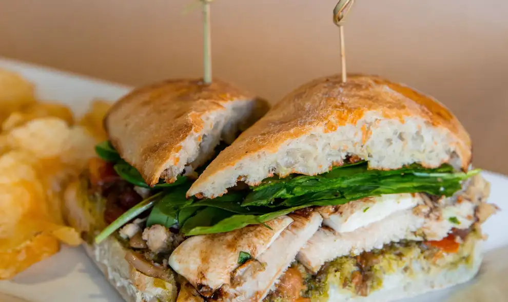 Grilled chicken sandwich with spinach and pesto at Main Street Cafe in Lancaster PA