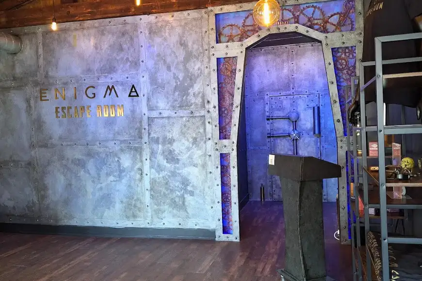 Enigma Escape Room steampunk lobby entrance with industrial themed decor and immersive live escape room experience in Lancaster PA