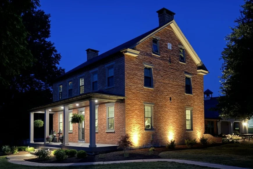 Outdoor landscape lighting illuminating historic brick home at night by Esh Lawncare in Lancaster PA