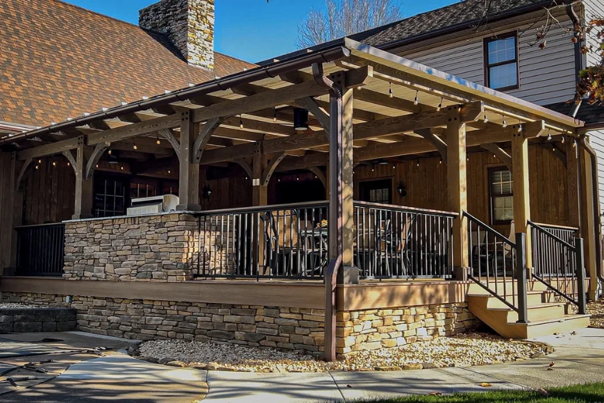 Eagle Wings Business Network custom wood pergola with stone base and black iron railing in Lancaster PA