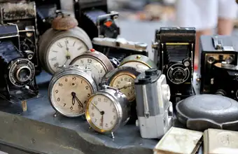 Vintage antique clocks and cameras for sale at Lancaster County PA flea market