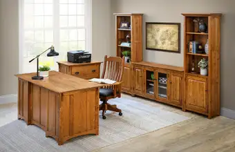 Alt text: Peaceful Valley Furniture solid wood home office desk chair and bookcase set - Lancaster PA
