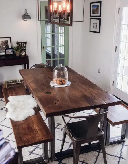 Reclaimed wood farmhouse dining table and bench by Sylvan Brandt in Lancaster County PA