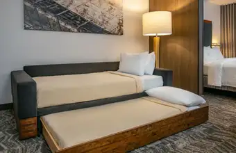 Modern double bed hotel room for group lodging at a Lancaster PA hotel