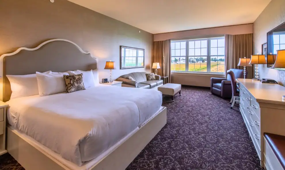 Hotel room with farmland view near Sight and Sound Theatre at Amish View Inn in Lancaster PA