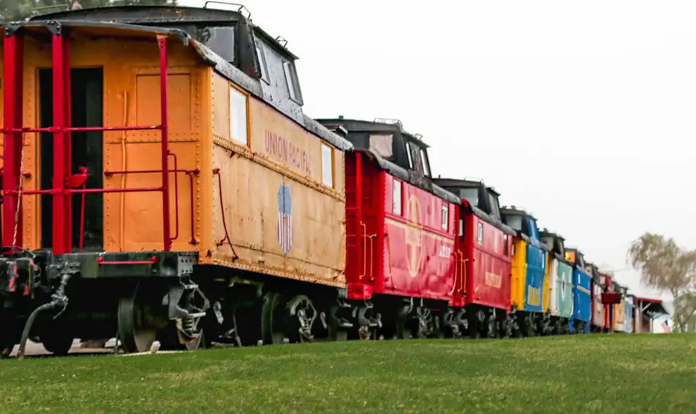 Colorful row of vintage train cabooses at Red Caboose Motel in Lancaster PA