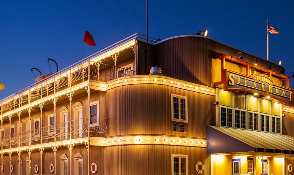 Fulton Steamboat Inn lit up at dusk in Lancaster County PA