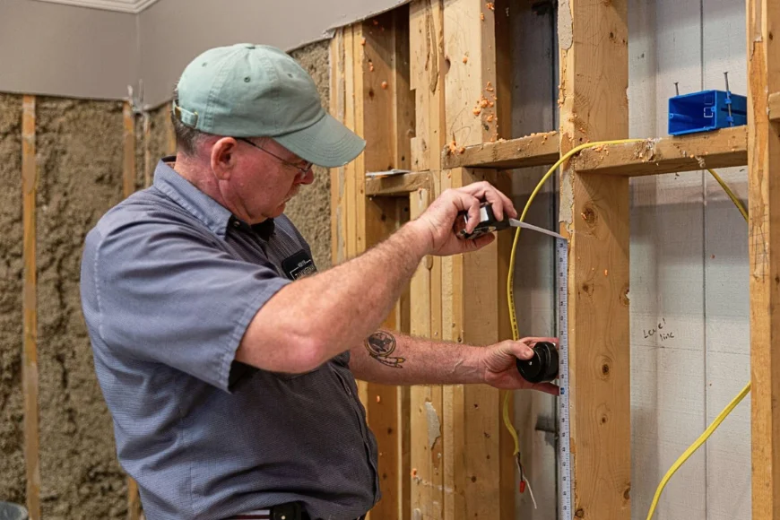 Mervin Zimmerman plumber working on pipe installation inside wall framing in Lancaster PA