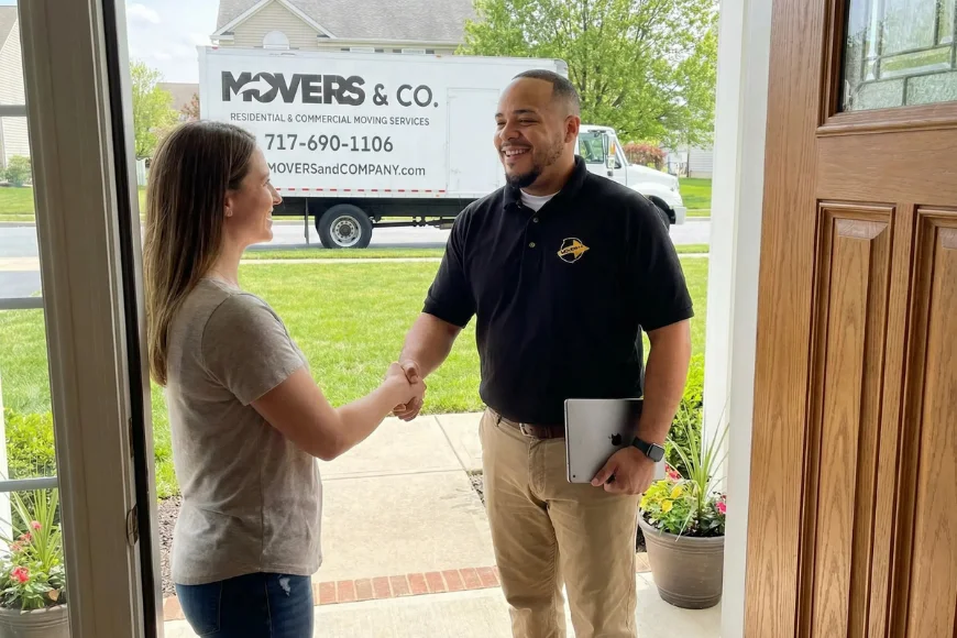 Movers & Co. representative shaking hands with customer at front door before home move in Lancaster PA
