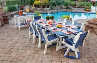 Poly outdoor dining table and chairs set poolside at Kings Impressions Lancaster County PA