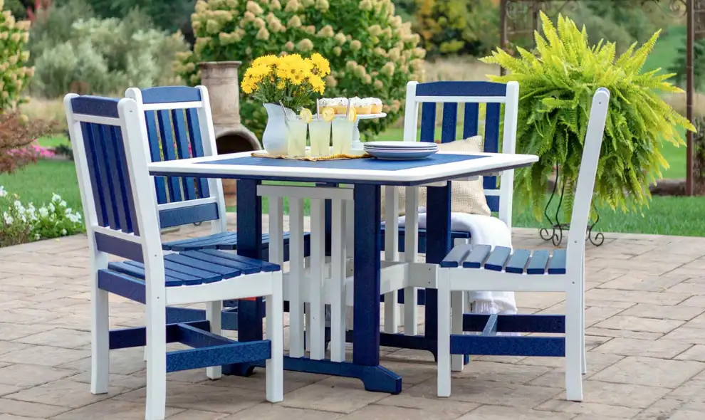 Amish Stuff poly outdoor patio dining set in navy blue and white on garden patio - Lancaster PA outdoor furniture