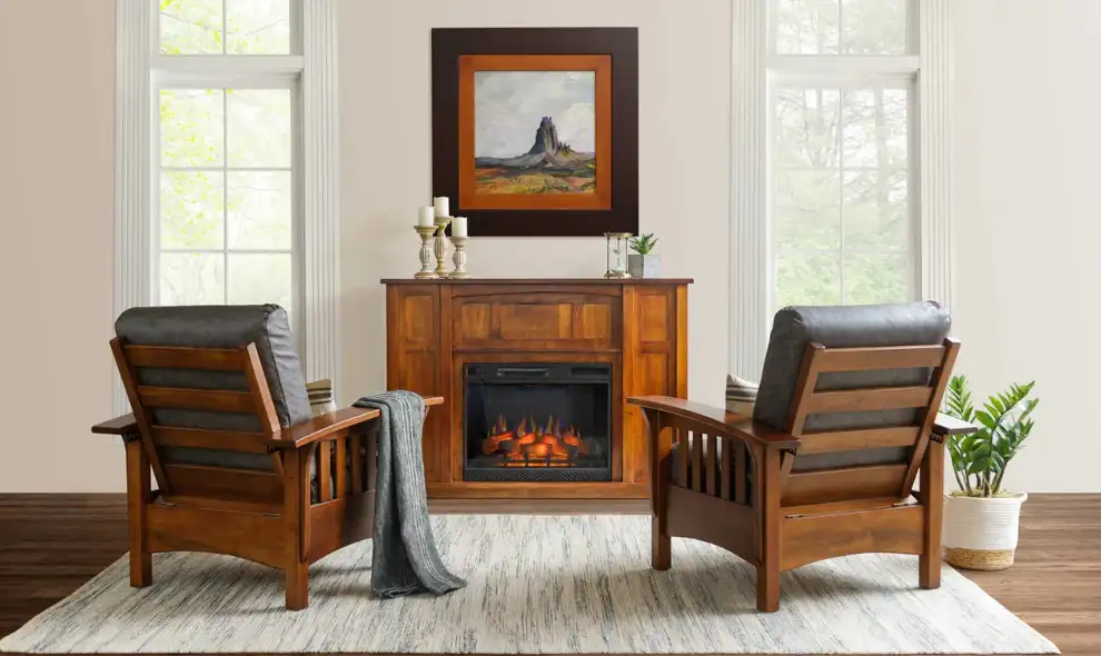 Cabinfield Amish mission style living room chairs with wood fireplace console - Lancaster PA furniture
