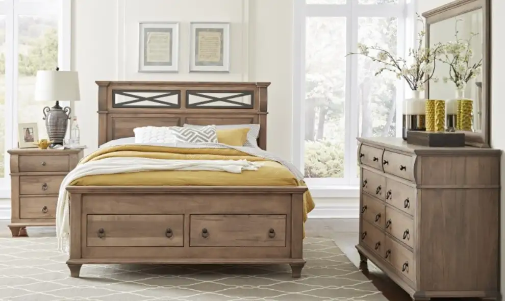 Country Lane Furniture bedroom set with storage bed dresser and nightstand in rustic wood - Lancaster PA furniture store