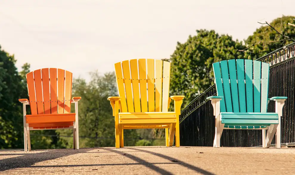 Kings Amish Furniture colorful poly Adirondack chairs in orange yellow and teal - Lancaster PA outdoor furniture