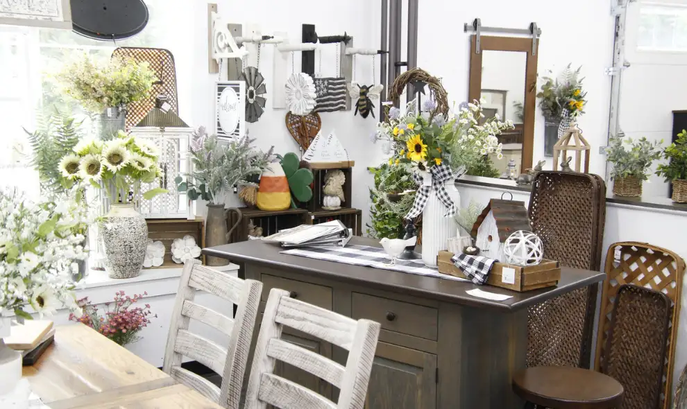 Kings Home Furnishings store interior with farmhouse decor furniture and sunflower arrangements - Lancaster PA home goods