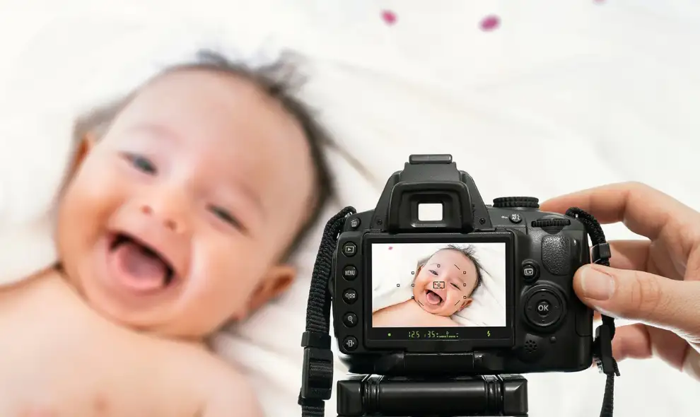 Professional camera capturing a baby portrait at a Lancaster PA photography studio
