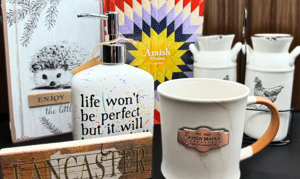 Shady Maple gift shop Lancaster PA souvenirs including Amish quilt decor mug and local gifts