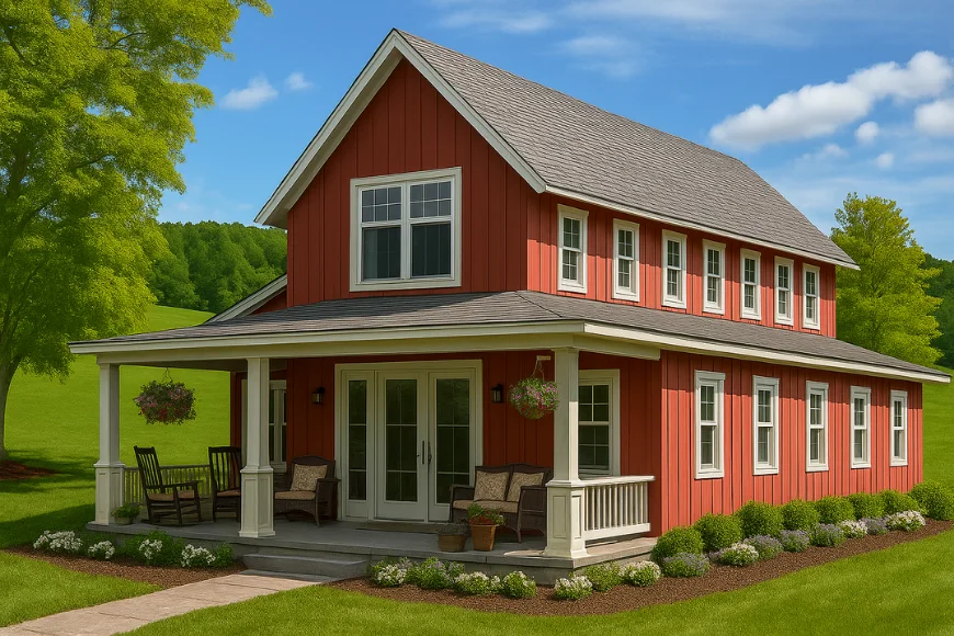 Signature Builders custom red board and batten farmhouse with covered front porch in Lancaster PA