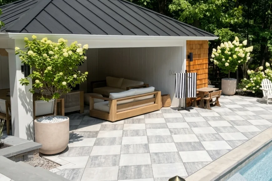 The Backyard Showcase Amish-crafted pool house with outdoor seating and checkered patio in Lancaster PA