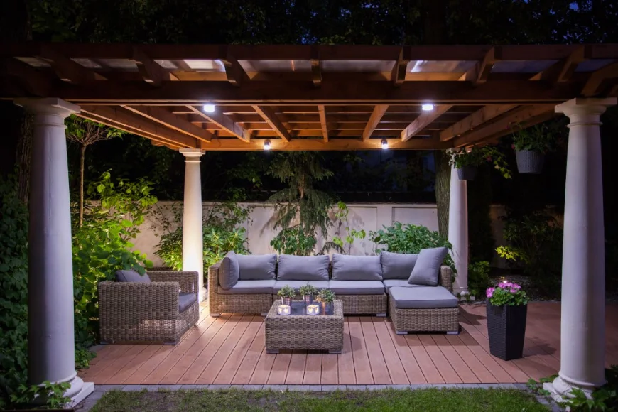 Turntech Premium Wood Turnings custom wood pergola with column posts over outdoor patio seating in Lancaster PA