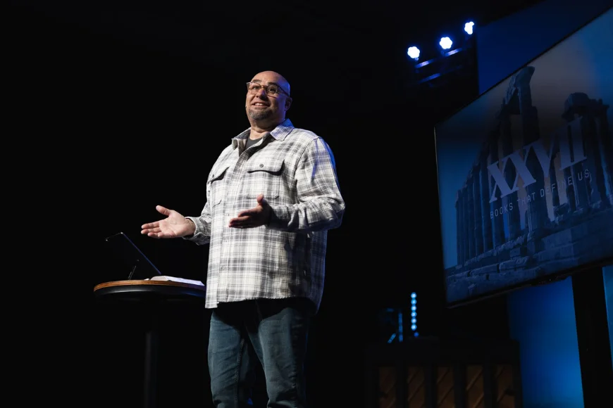 Victory Church Lancaster PA pastor speaking on stage at Sunday service