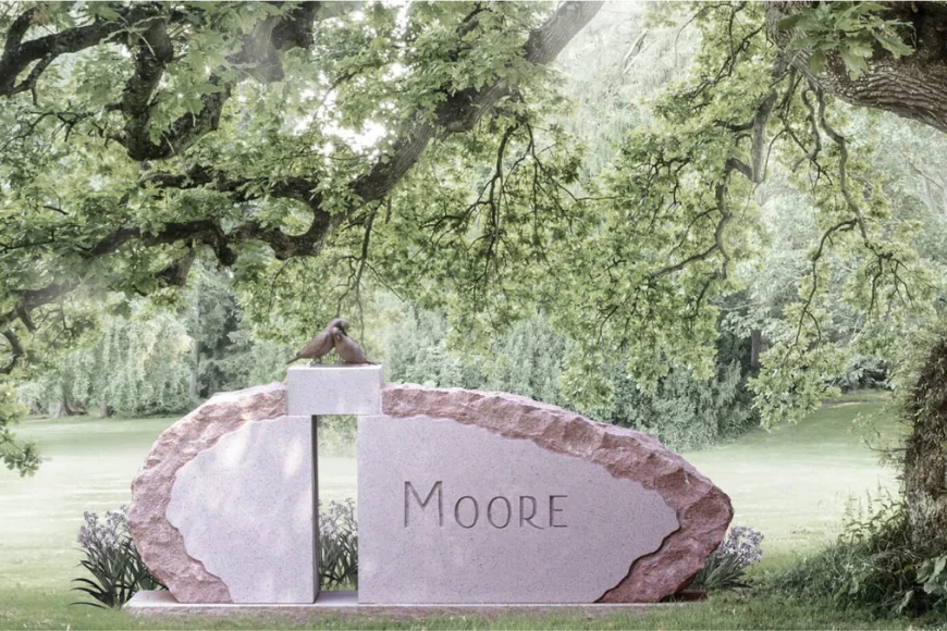 Weaver Memorials custom oval granite tombstone with cross and bronze bird sculpture in Lancaster PA