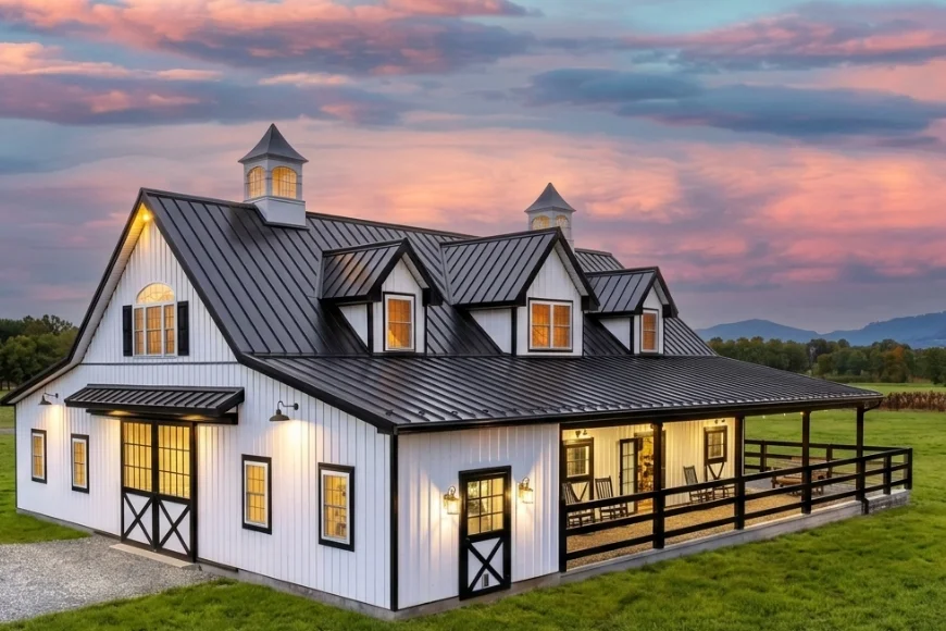 Blue Ridge Builders Amish-built white barn home with black metal roof and cupolas at sunset in Lancaster PA