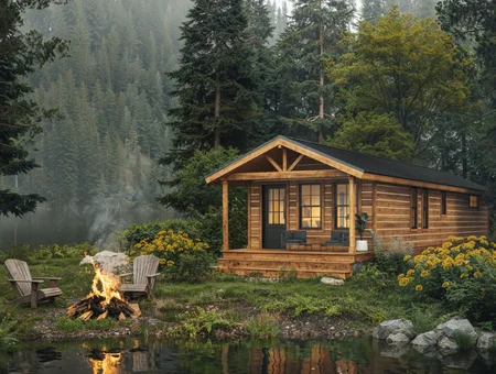 Zook Cabins handbuilt log cabin with lakeside campfire and Adirondack chairs in wooded setting